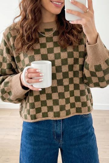 Multicolour plaid knit sweater, part of a fall capsule wardrobe
